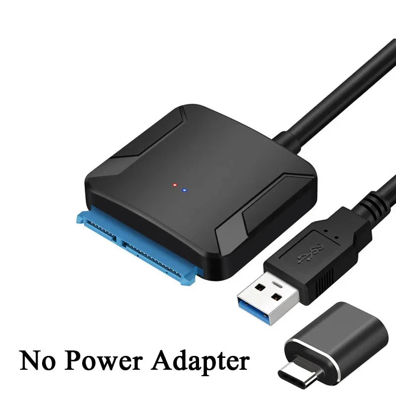Computer hardware components including a black adapter, blue cable, USB cable, and Type-C cable on a white background.