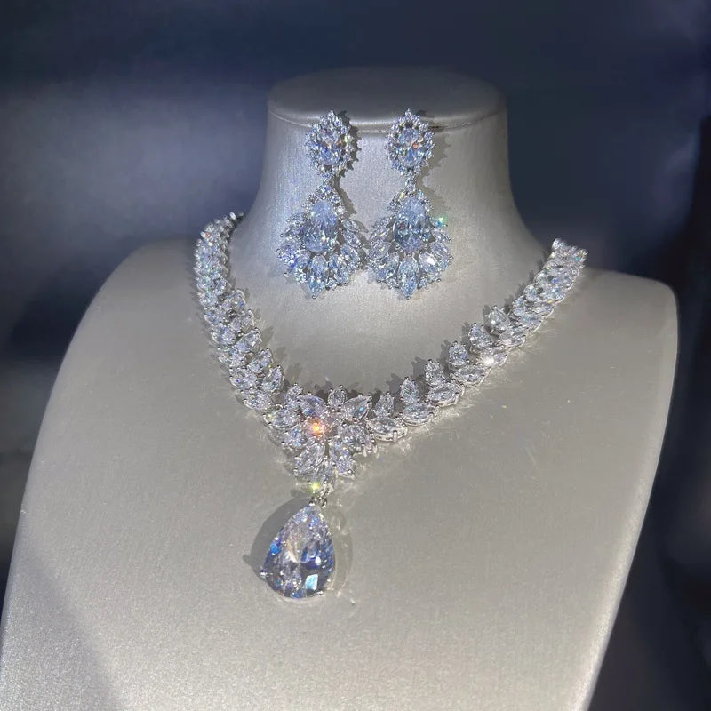 Moissanite Diamond Luxury Jewelry Set — Pendant Necklace & Earrings