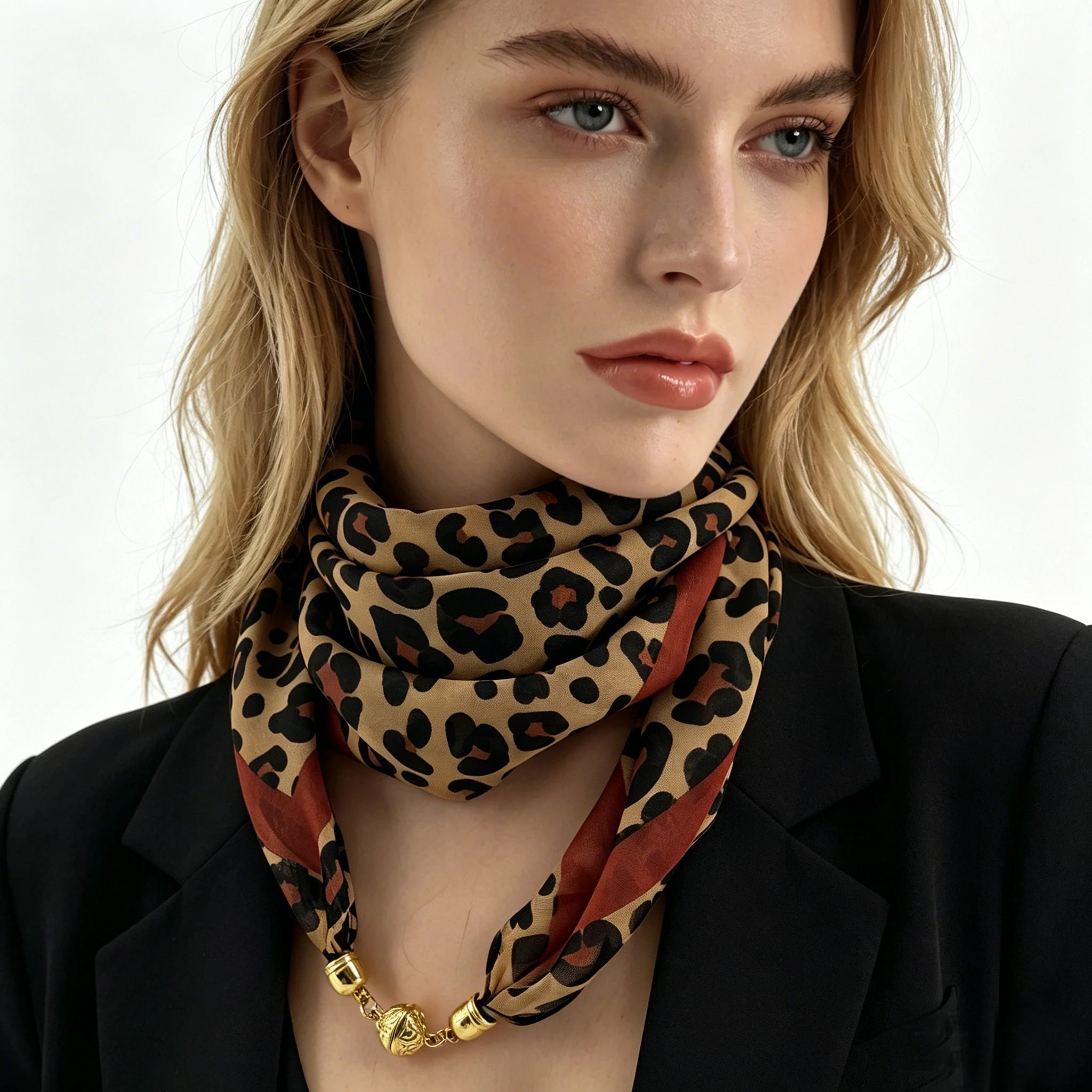Leopard Print Magnetic Buckle Square Scarf