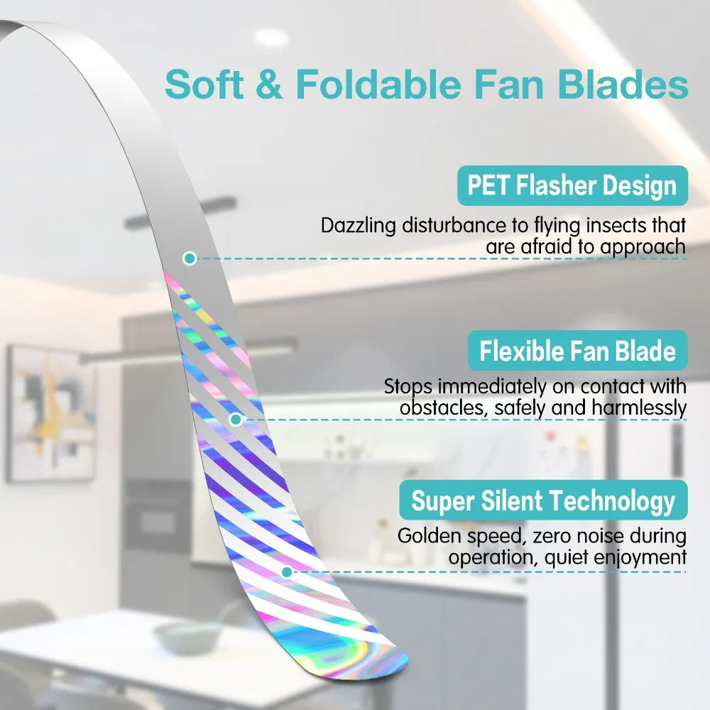 Colorful fan blade with text describing features on a blurred indoor background