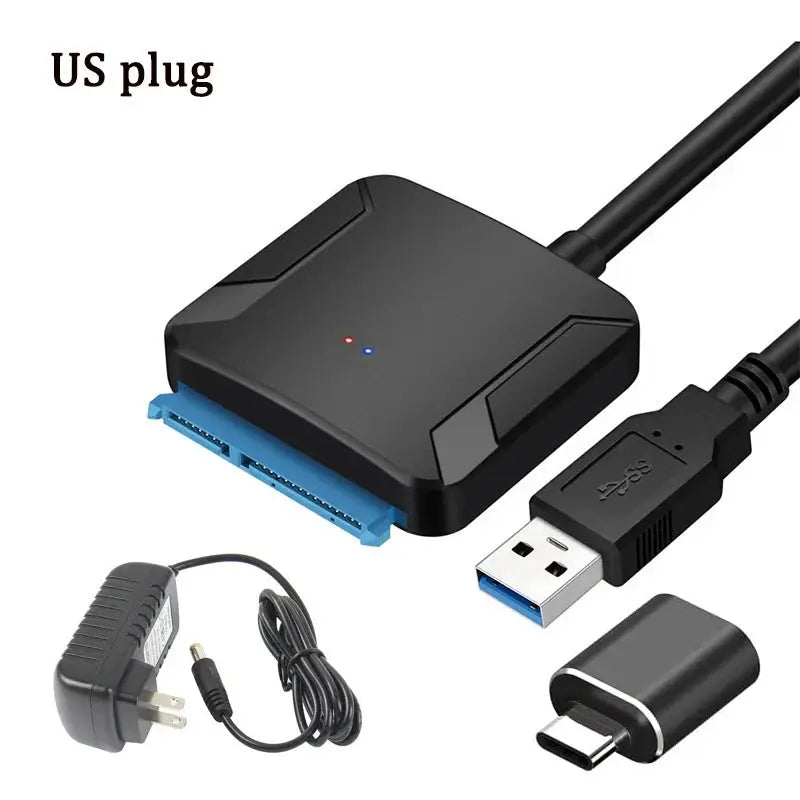 Computer hardware components including a black adapter, blue cable, USB cable, power adapter, and Type-C connector on a white background.