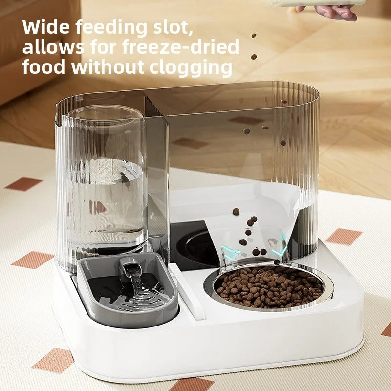 Modern pet feeder with water fountain and bowl for cats and dogs, placed on a wooden floor