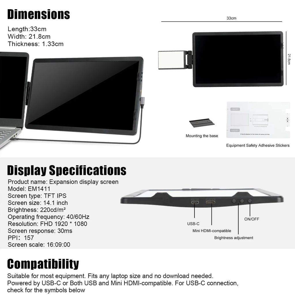 14.1 Inch Rotatable Extender Dual Screen Type-C/HDMI Compatible Foldable Gaming Monitor Panel for Meeting Teaching Demonstration