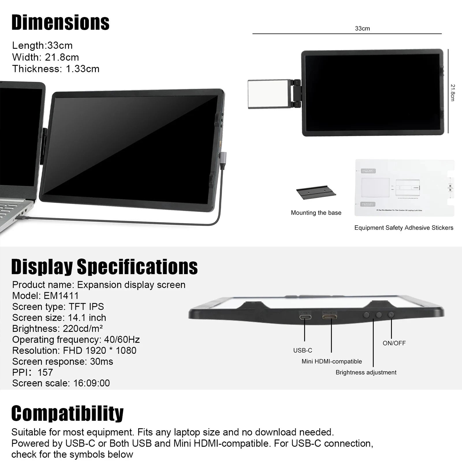 14.1 Inch Rotatable Extender Dual Screen Type-C/HDMI Compatible Foldable Gaming Monitor Panel for Meeting Teaching Demonstration