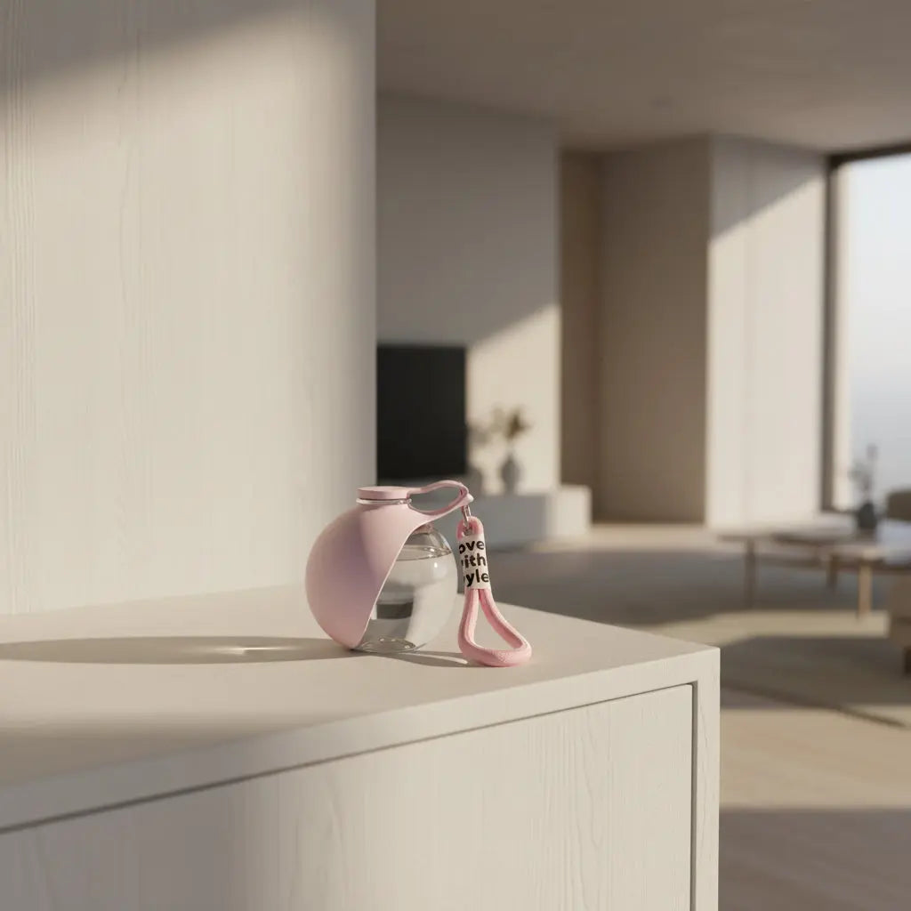 A pink stainless steel portable dog water bottle with a carry strap, featuring measurement overlays showing a 9cm width and 8.7cm depth for easy portioning and travel convenience.