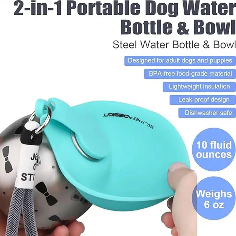 A 2-in-1 portable dog water bottle and bowl with teal lid held by a hand, featuring key product details including its leak-proof design, BPA-free material, and dishwasher-safe convenience on a white background.