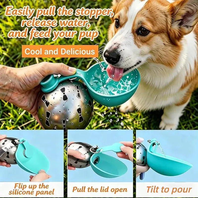 A three-part instructional graphic for a stainless steel portable dog water bottle, showing how to flip up the silicone panel, pull the lid open, and tilt to pour water for a dog.