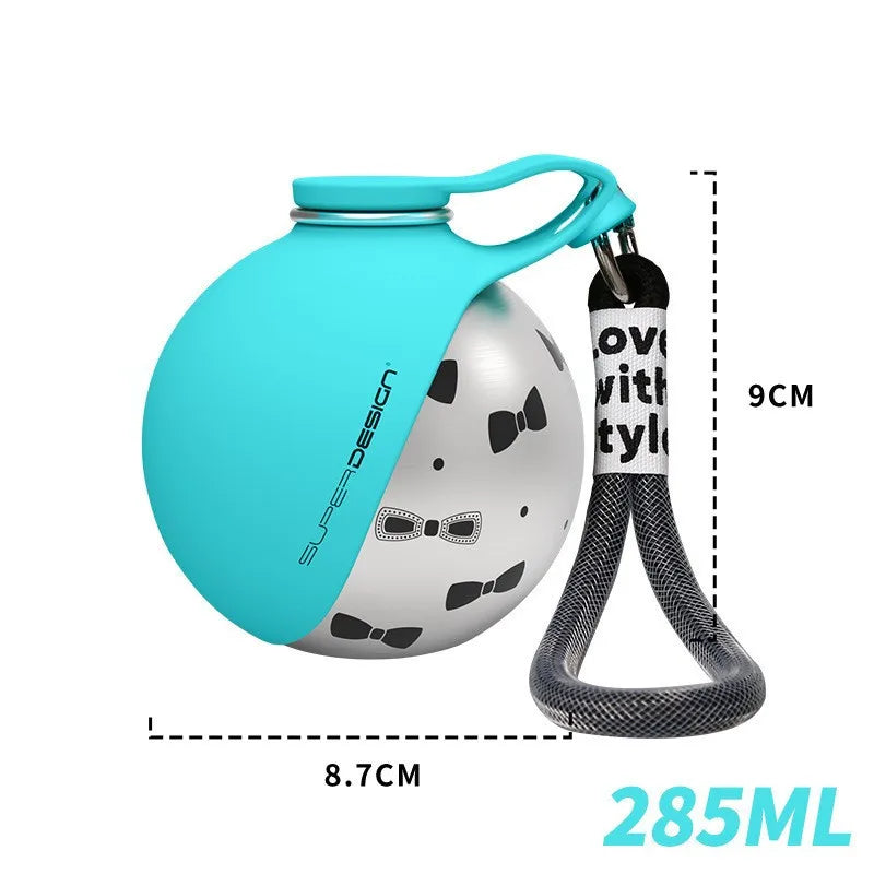 Teal and white water bottle with measurement details on a white background