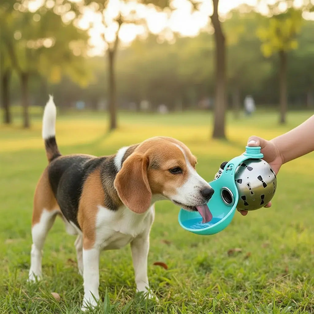 A stainless steel portable dog water bottle with a teal pull-up silicone bowl, shown next to a beagle and in two color variations (pink and teal) to highlight its compact and stylish design.