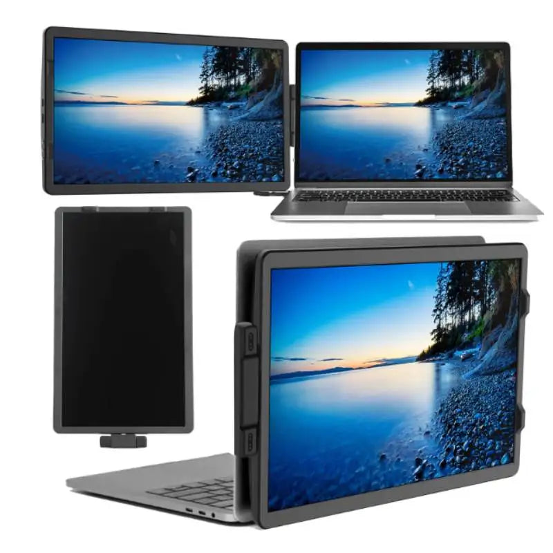Triple portable monitor laptop screen extender with 14.1-inch displays in a foldable setup.