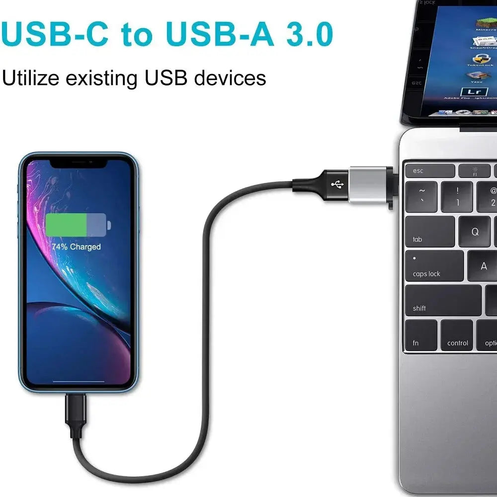 USB-C to USB-A 3.0 adapter connecting a smartphone to a laptop with text on a white background.