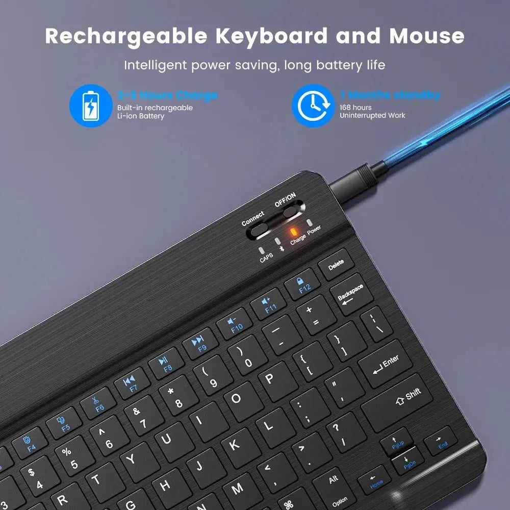 Rechargeable keyboard and mouse set with power saving features on a gray background