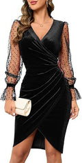 Black velvet dress with sheer sleeves worn by a model on a white background