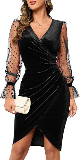 Black velvet dress with sheer sleeves worn by a model on a white background