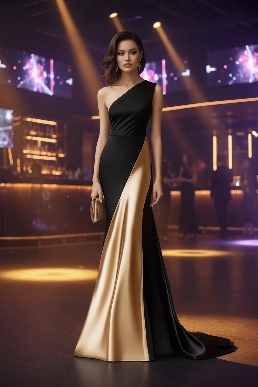 Black and gold evening gown on a white background