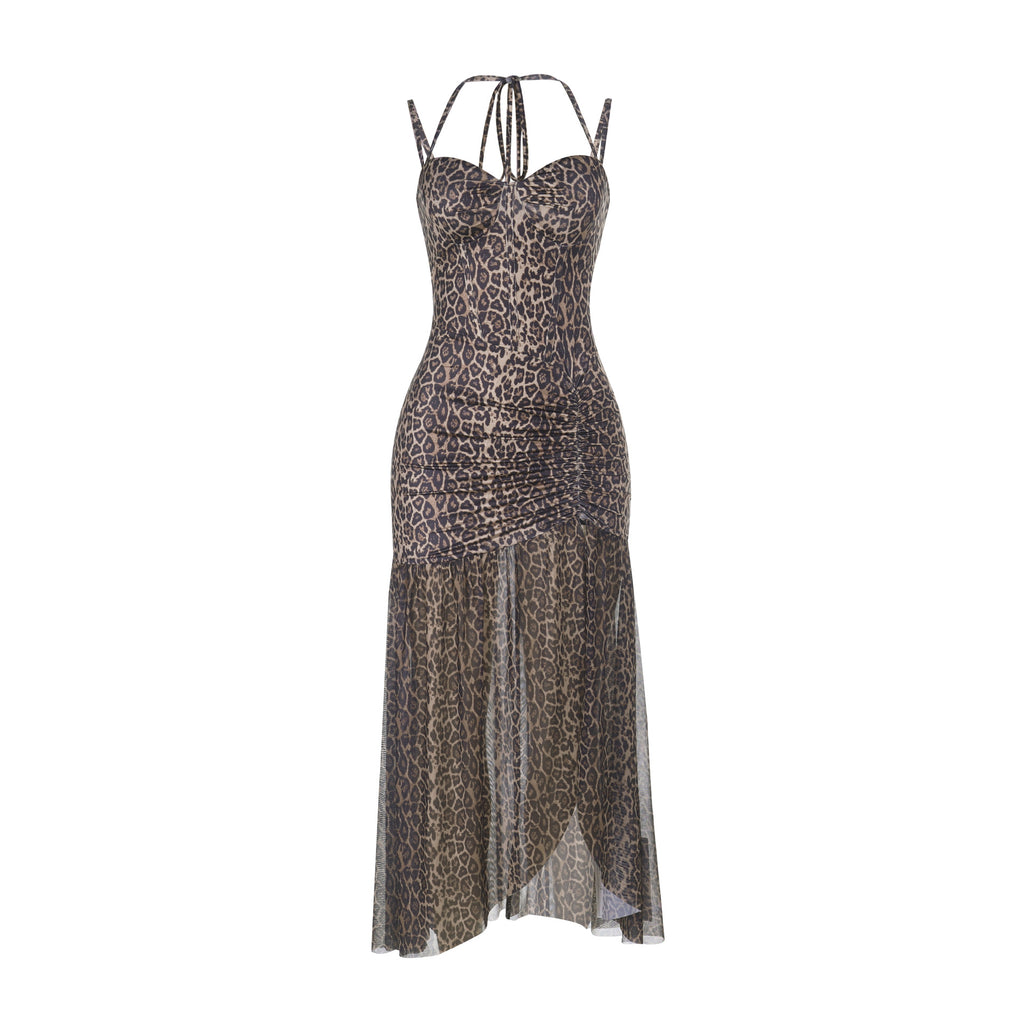 Leopard print dress with thin straps on a white background