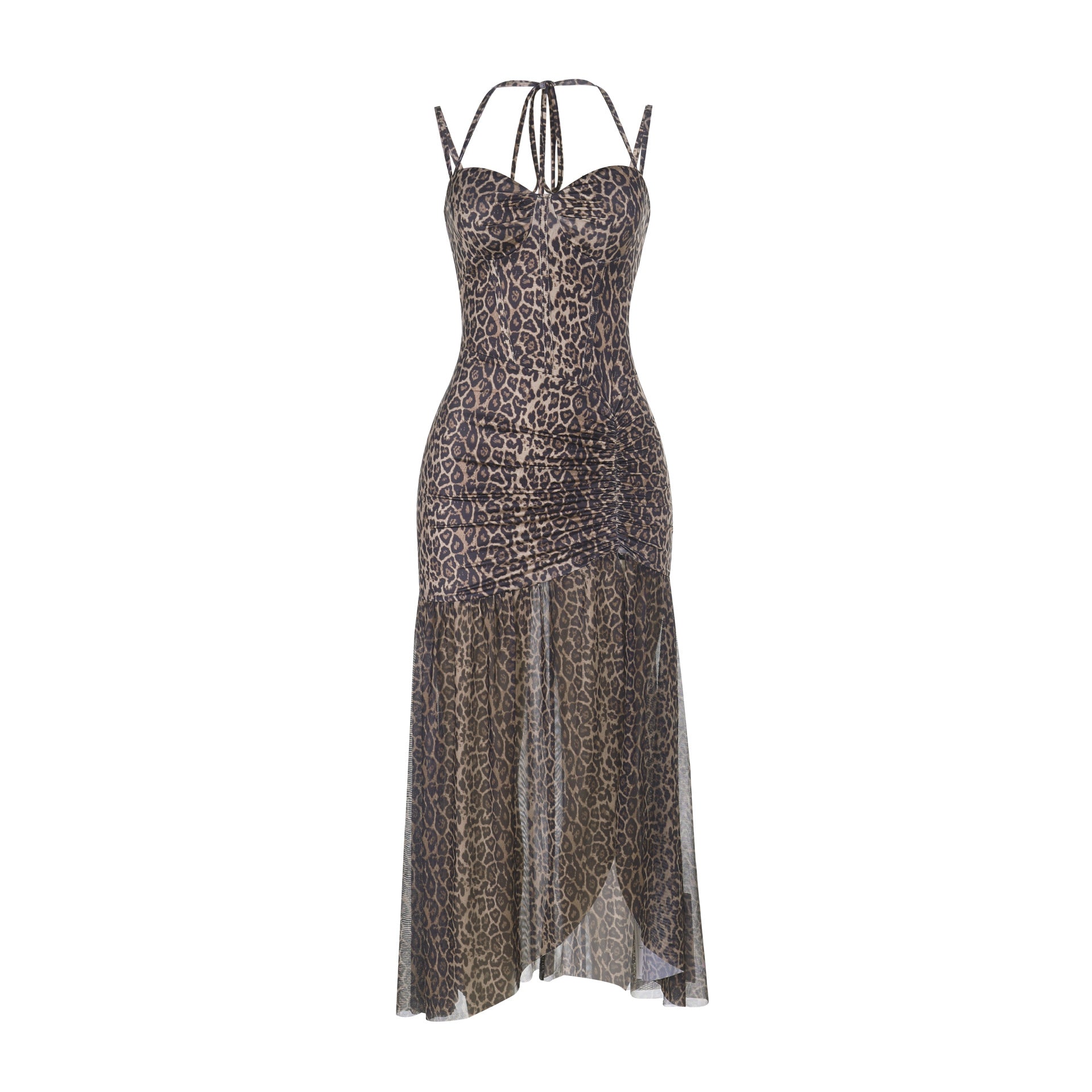 Leopard print dress with thin straps on a white background