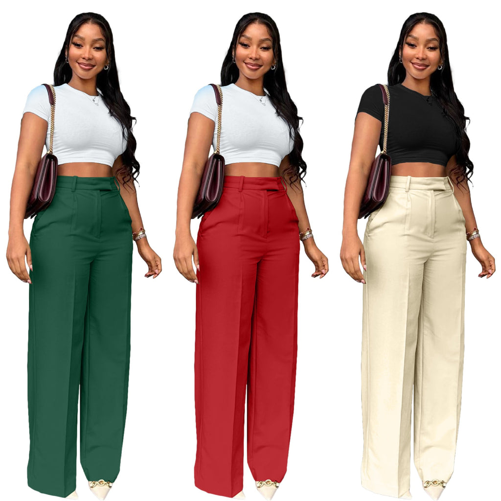 Three images of a woman wearing different colored pants with a white top.