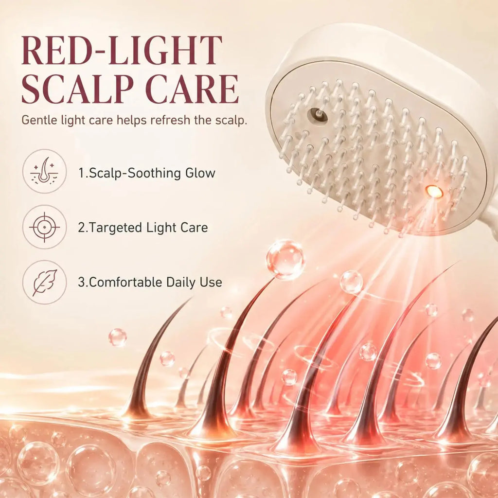 Red-light scalp care product with text highlighting benefits on a beige background