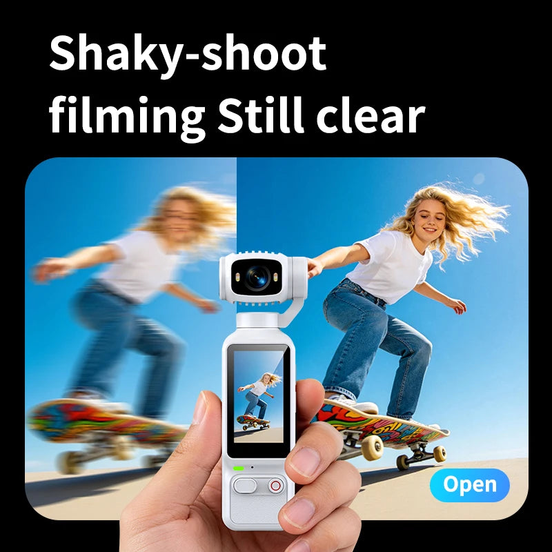 Handheld gimbal camera demonstrating anti-shake stabilization features with a split-screen preview of a girl riding a skateboard under a clear blue sky.