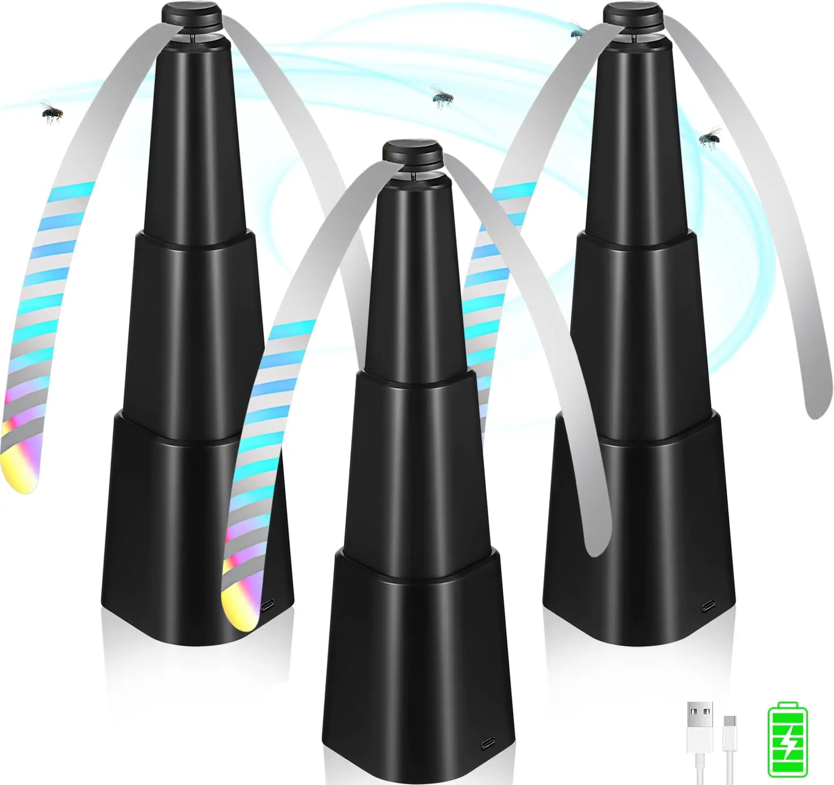 Three black toy helicopters shown on a white background with light blue motion graphics and small charging icons in the lower right.