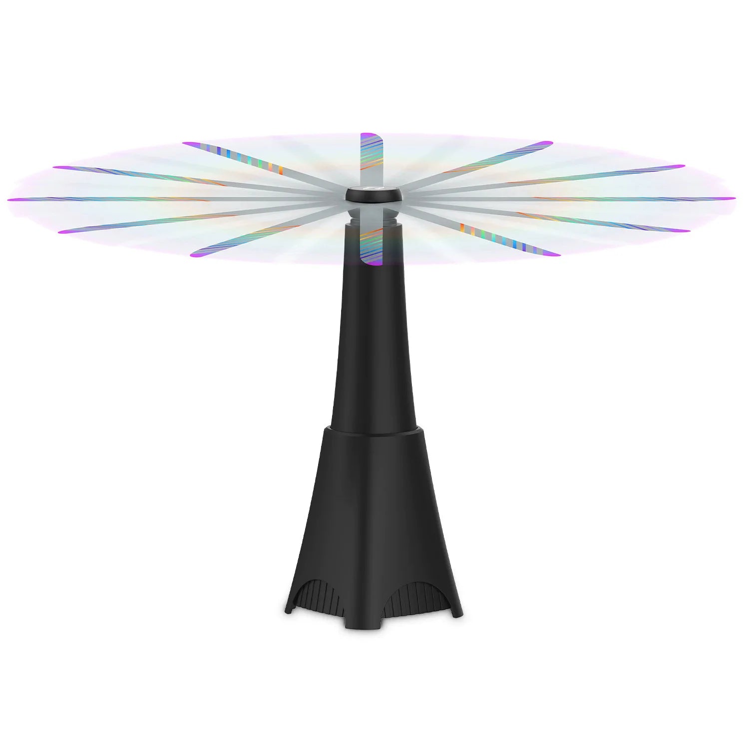 Black outdoor fan with colorful blades on a white background