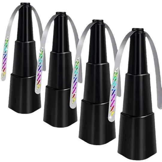 Four black lip glosses with colorful accents on a white background
