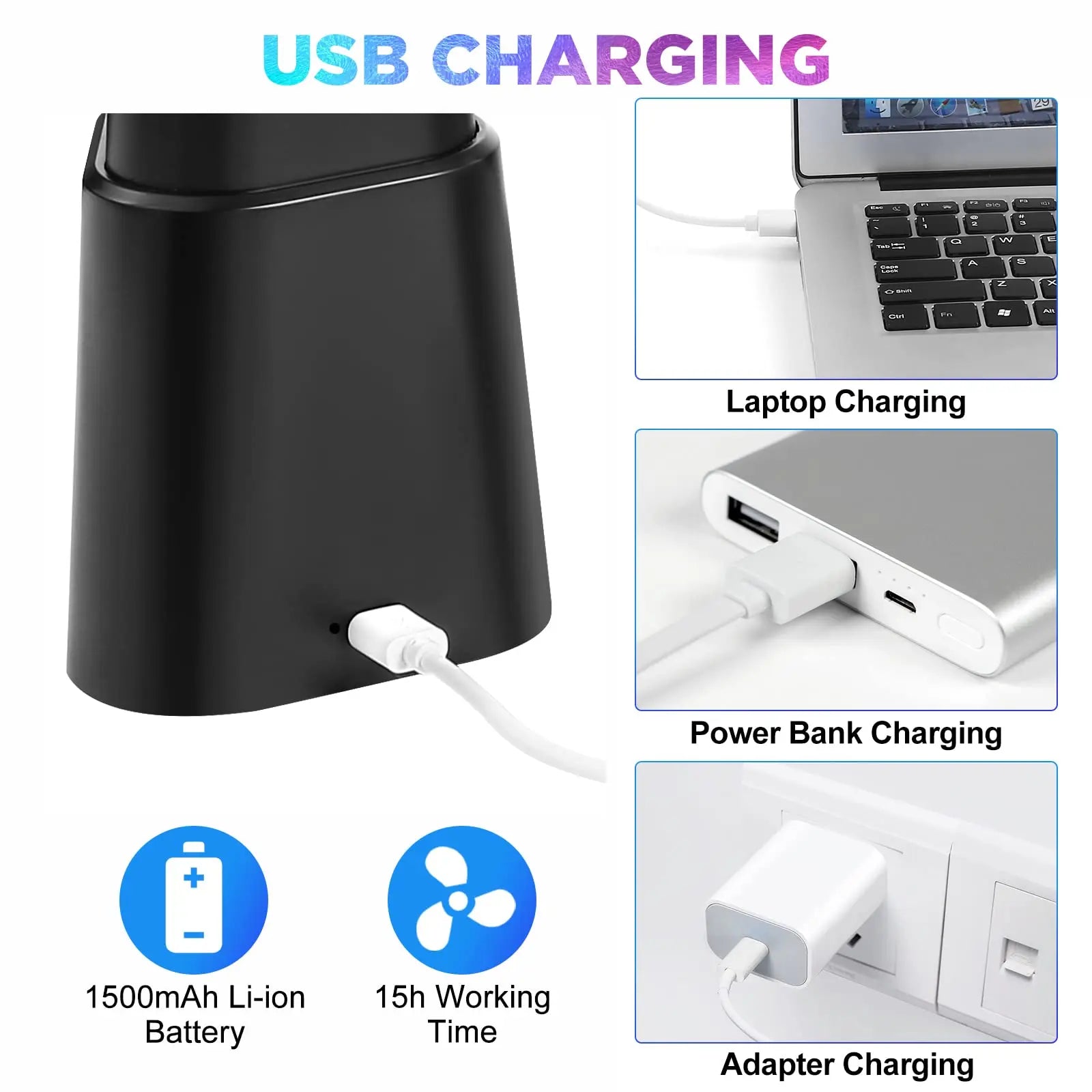 A black cylindrical USB charging hub or power bank shown on a white background, with inset images demonstrating laptop charging, power bank charging, adapter charging, and two blue icons stating 1500mAh Li-ion battery and 15h working time.