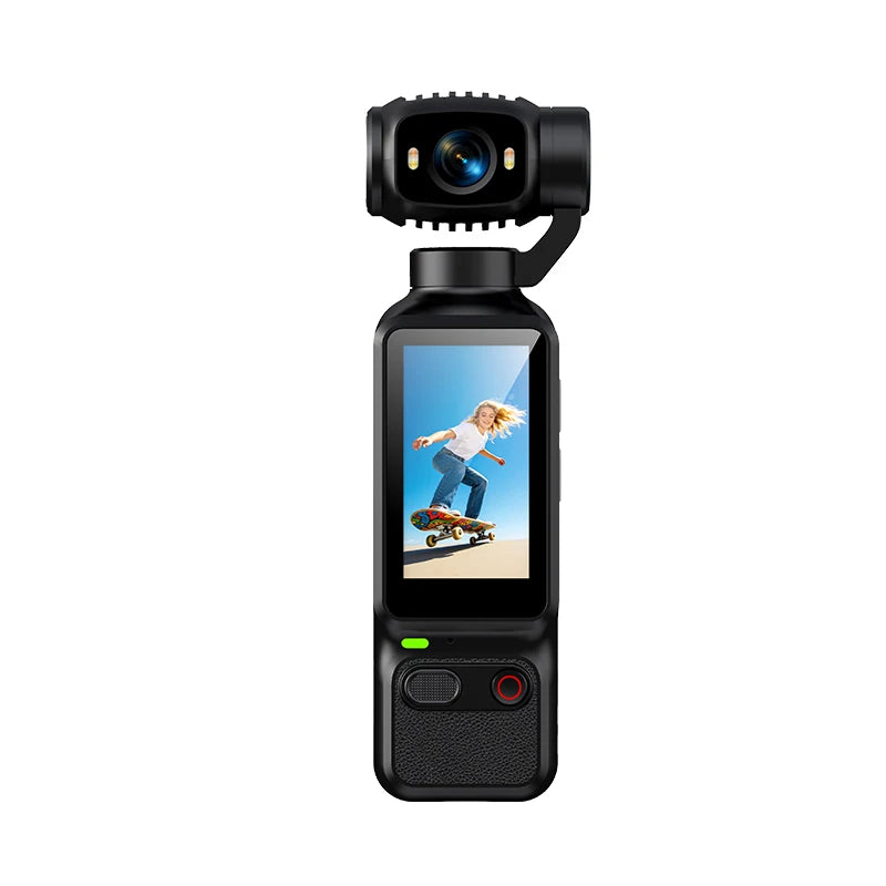 Front view of a sleek black compact handheld gimbal camera with a clear live preview screen showing a girl riding a skateboard.
