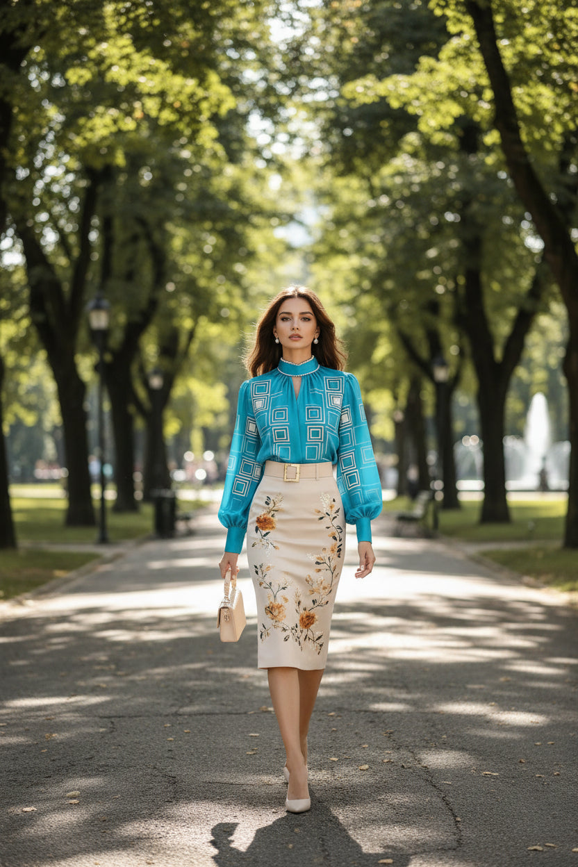 Blue French retro blouse featuring a chic stand collar and puff cuff sleeves