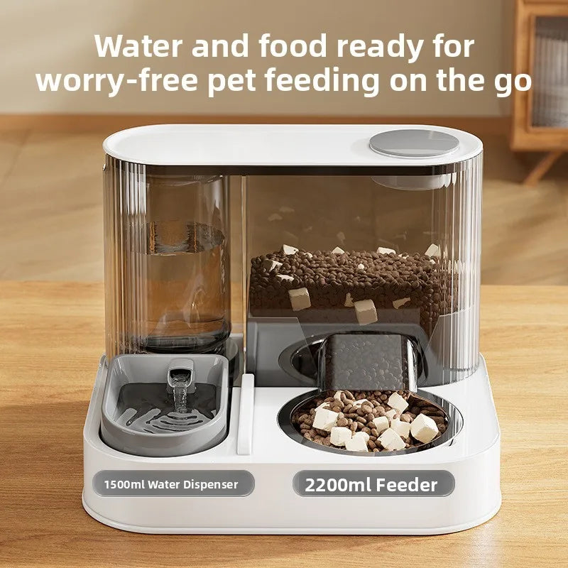 Automatic cat and dog bowl feeder with integrated water fountain and stainless steel food bow