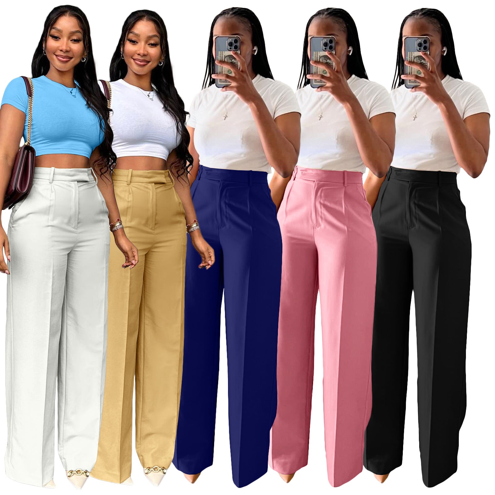 Five women wearing white tops and colorful pants, each holding a phone.