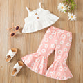 Children's white spaghetti-strap top and pink floral print flared pants flat lay set