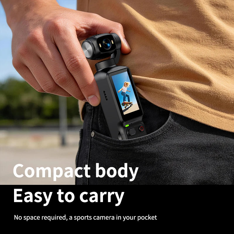 Close-up of a compact black pocket-sized sports camera being pulled out of a jeans pocket, highlighting its easy-to-carry design.