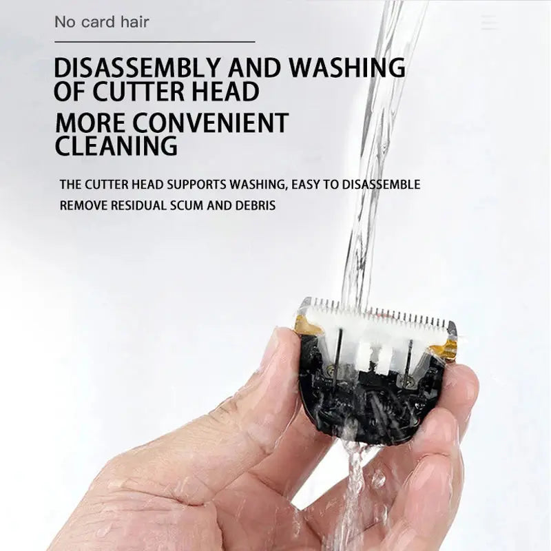 Hand holding a hair clipper head being rinsed with water, text about disassembly and cleaning.