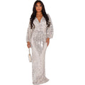Woman wearing a silver sequin dress on a white background