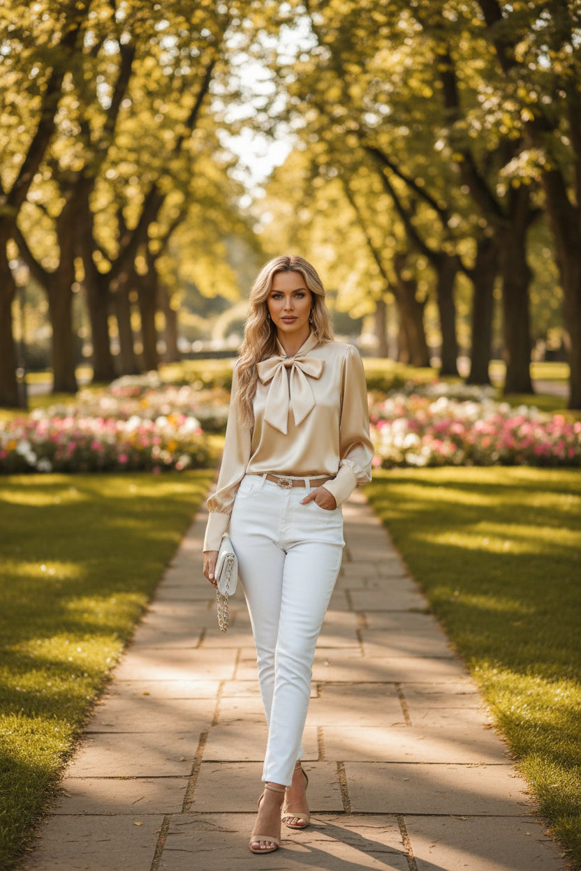 Women's Khaki Satin Bow-Tie Blouse Long Sleeve Pullover Top