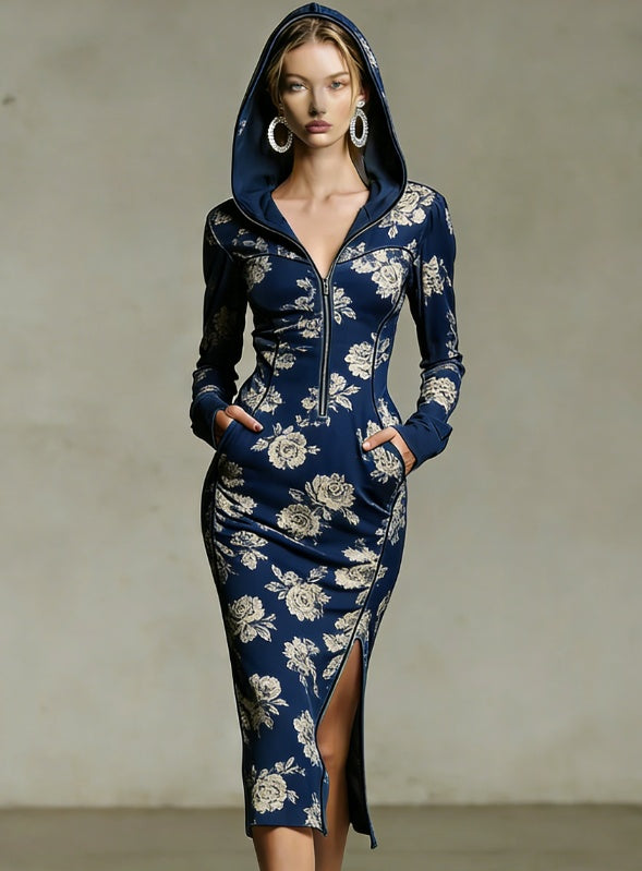 A woman models a navy blue hooded zip-up dress with a beige and white floral pattern, standing against a neutral gray wall.