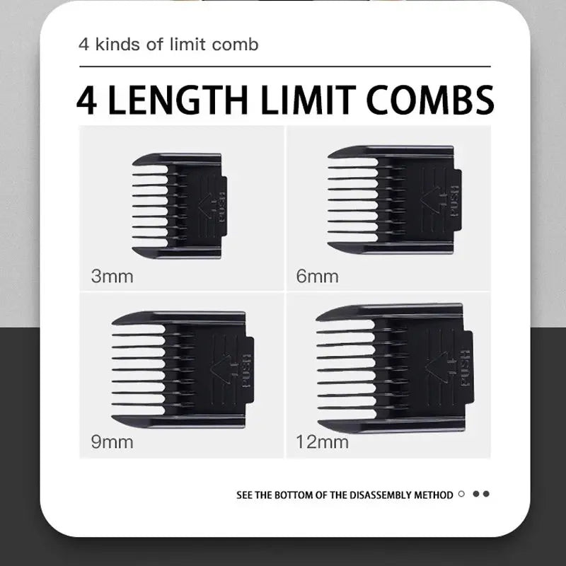 Four length limit combs with sizes 3mm, 6mm, 9mm, and 12mm on a white background.