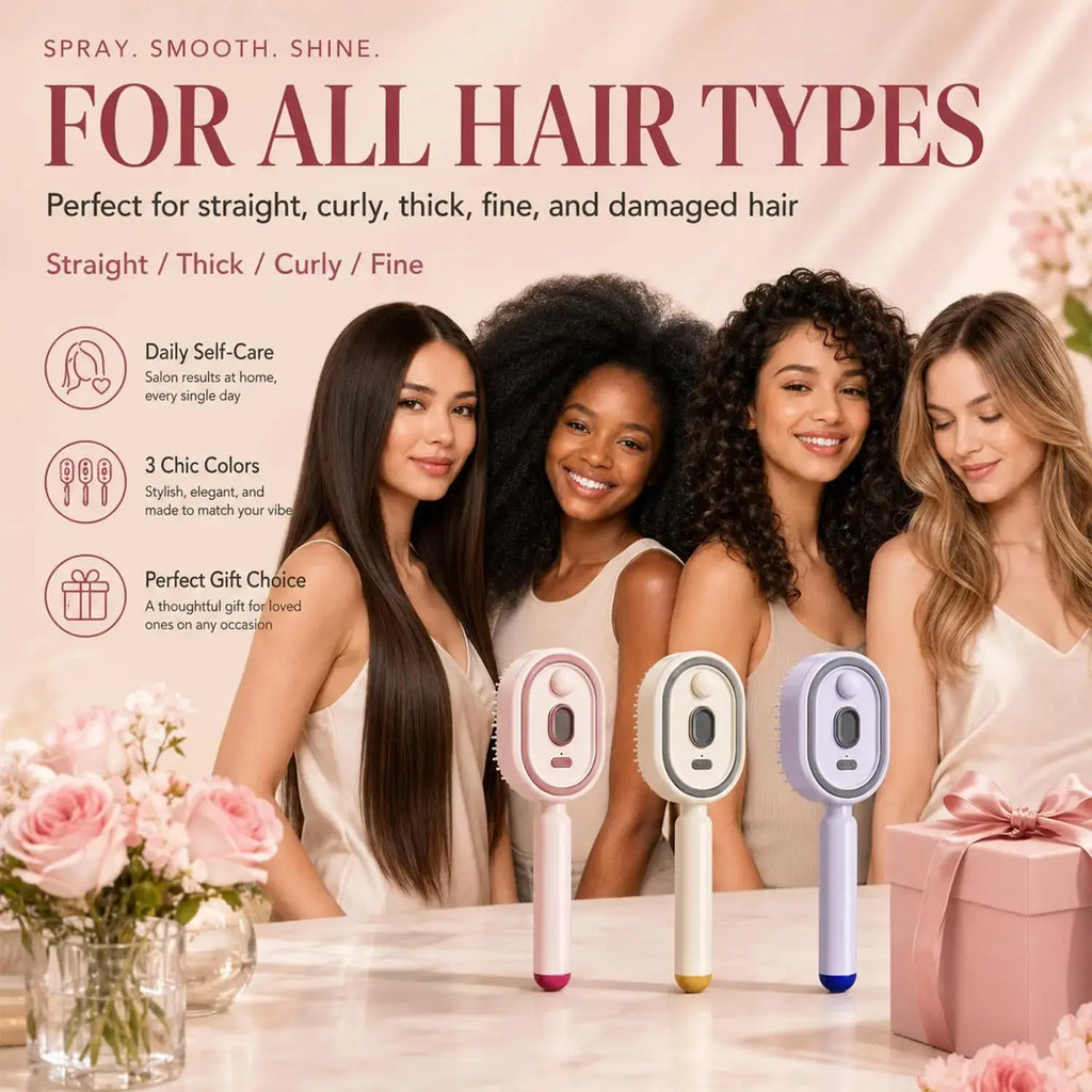 Four women with different hair types using a hair care product, surrounded by flowers and a gift box.
