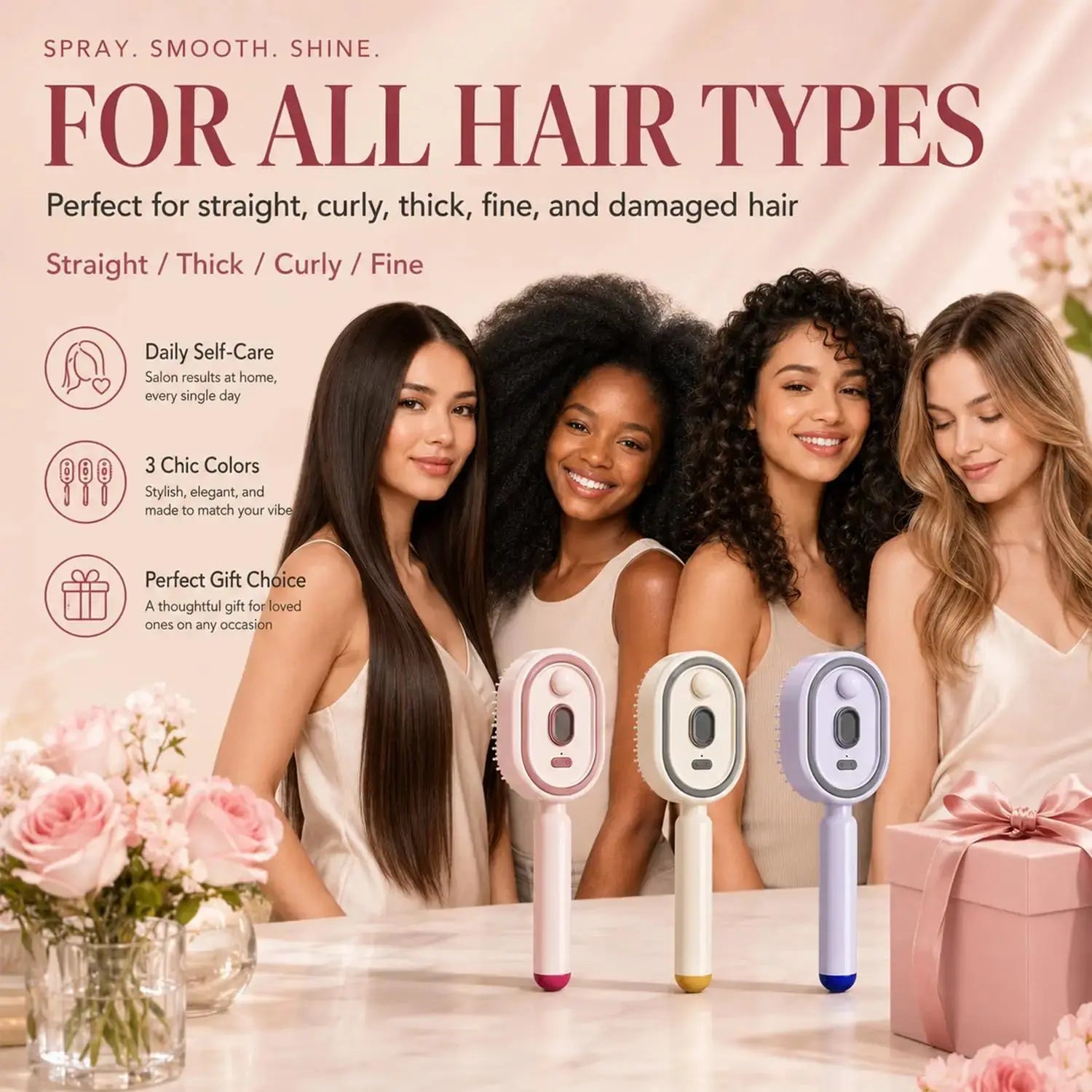 Four women with different hair types using a hair care product, surrounded by flowers and a gift box.