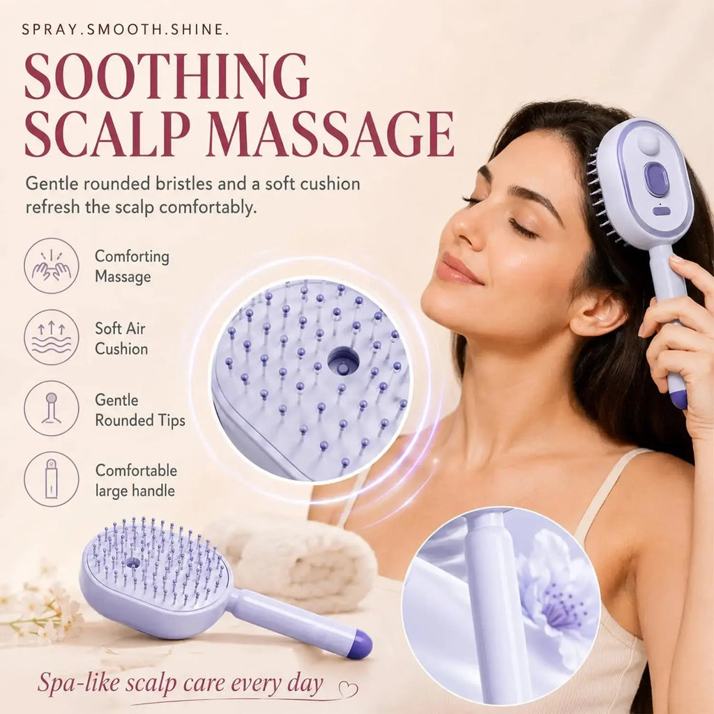 Woman receiving scalp massage with a scalp massager, featuring text and close-up details.