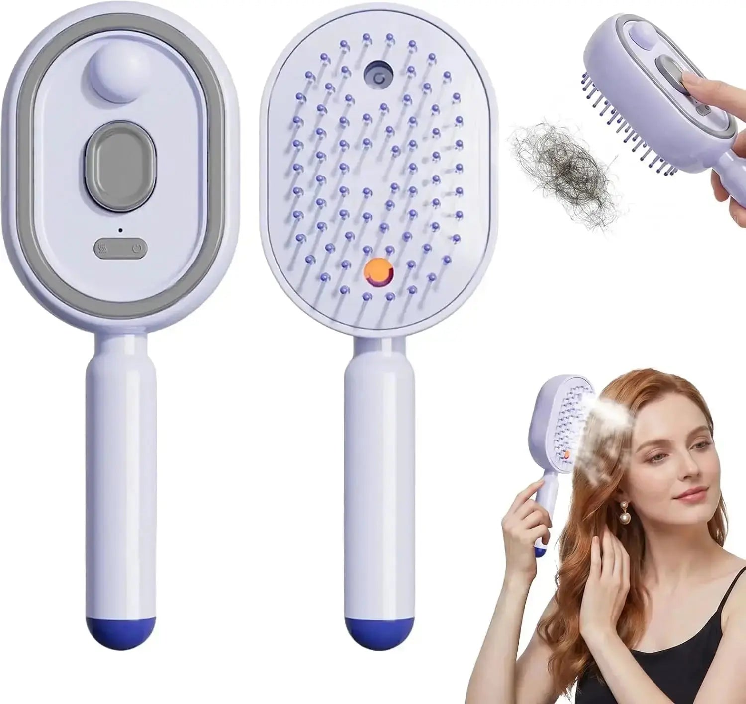 Hairbrush with built-in LED light and hair removal tool, used by a woman.