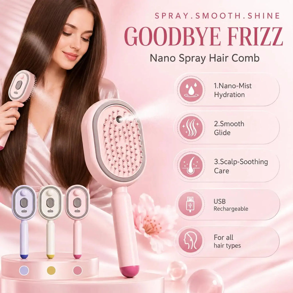 A rechargeable electric steam hair straightener brush in pink, shown in a lifestyle setting for easy detangling and styling.