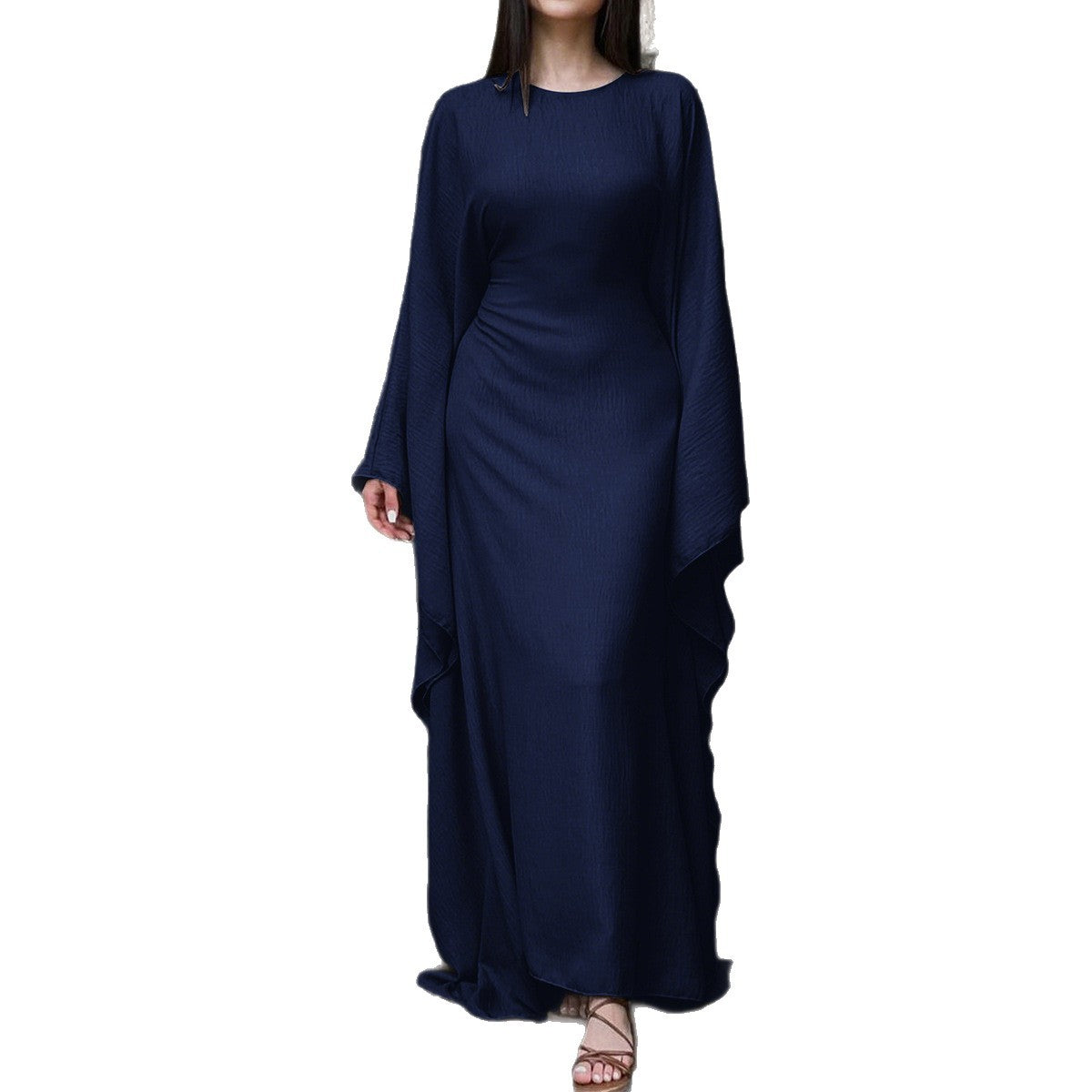 Navy blue long-sleeve dress on a white background
