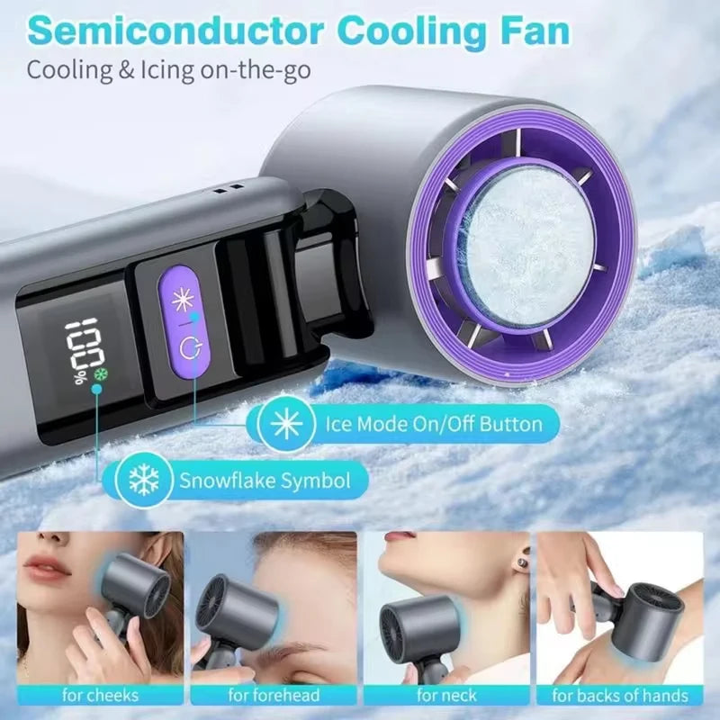 Foldable handheld cooling fan with digital battery indicator and LED light for makeup or travel.