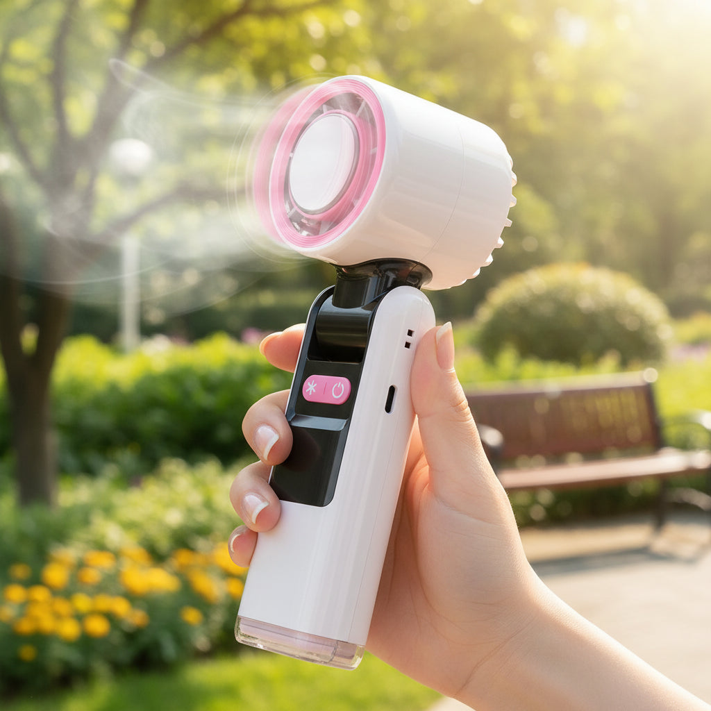 Close-up of portable makeup fan featuring digital battery indicator and adjustable wind speed settings
