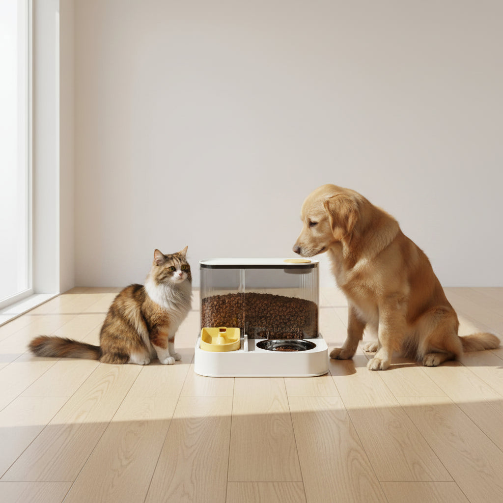 Modern pet feeder with water fountain and bowl for cats and dogs, placed on a wooden floor for you pets