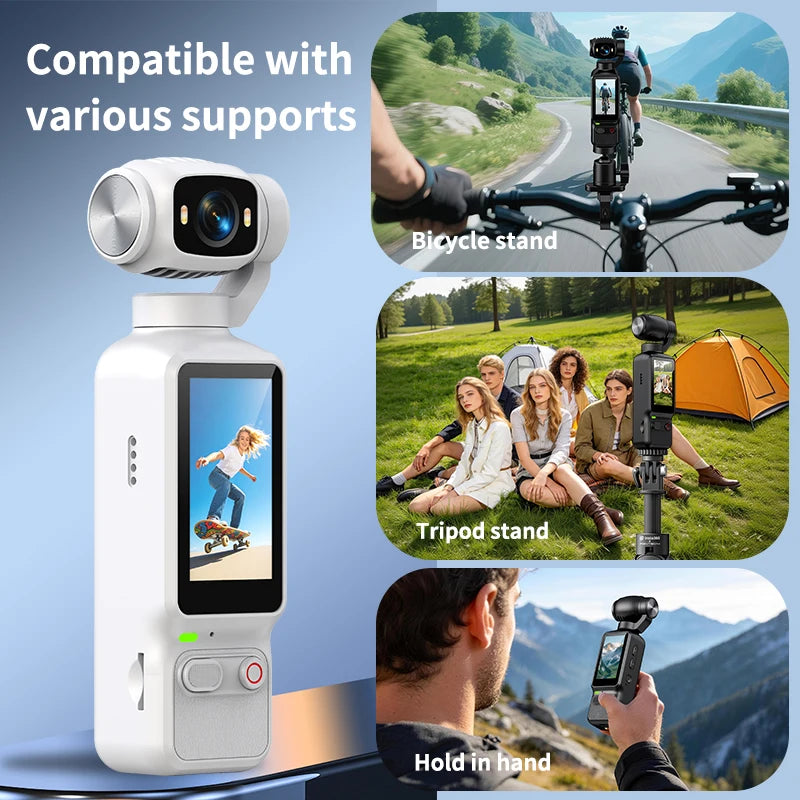 White handheld gimbal camera showing compatibility with various supports including a bicycle stand, tripod stand, and handheld use.