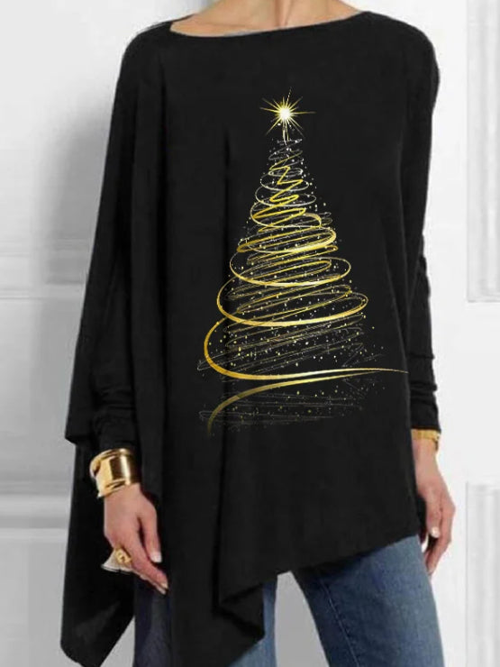 Women's plus size black long-sleeve top featuring a glittering gold spiral Christmas tree print and gold cuff details
